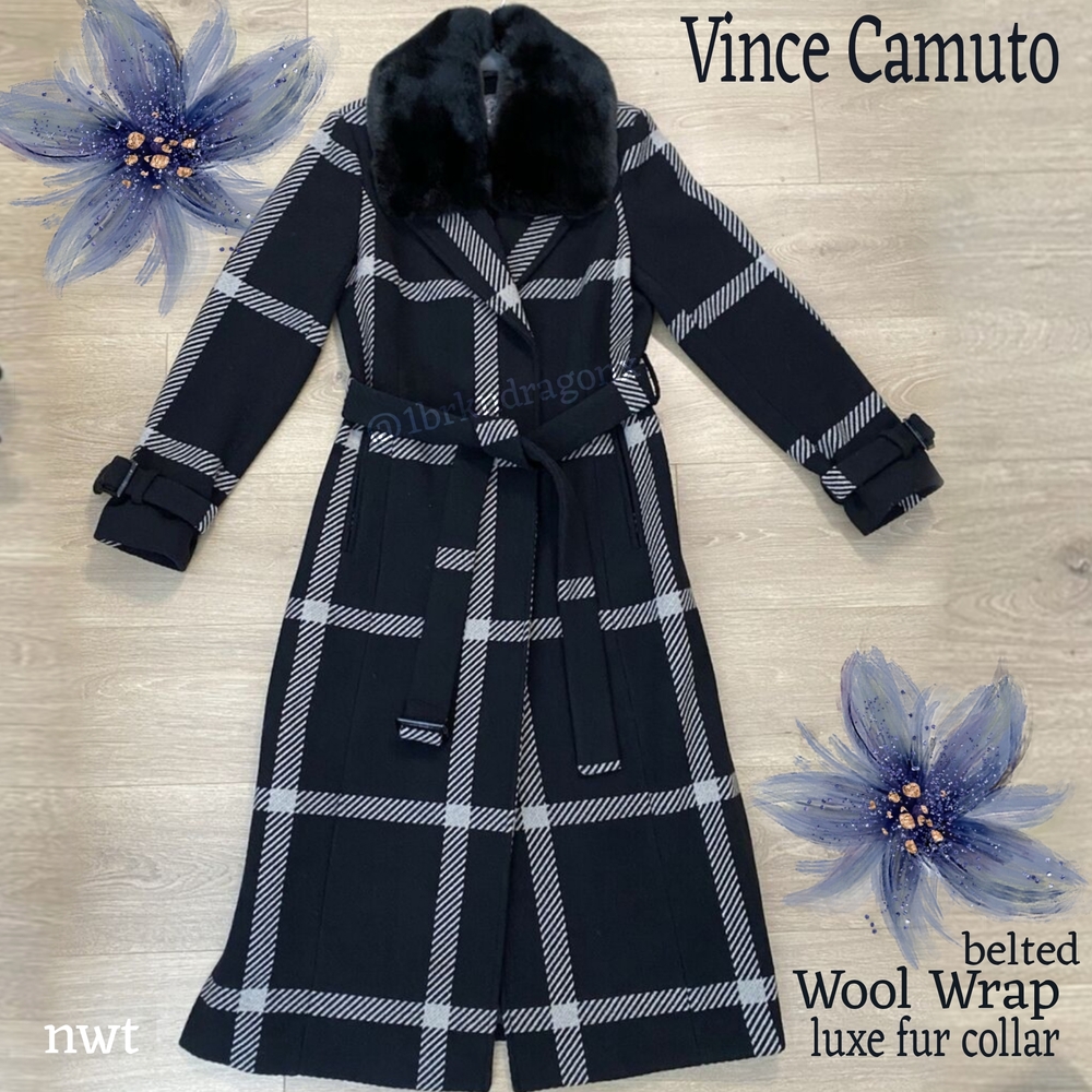 Brand New Vince Camuto Wool Belted Navy White Plaid Trench Coat Fur LARGE FUR